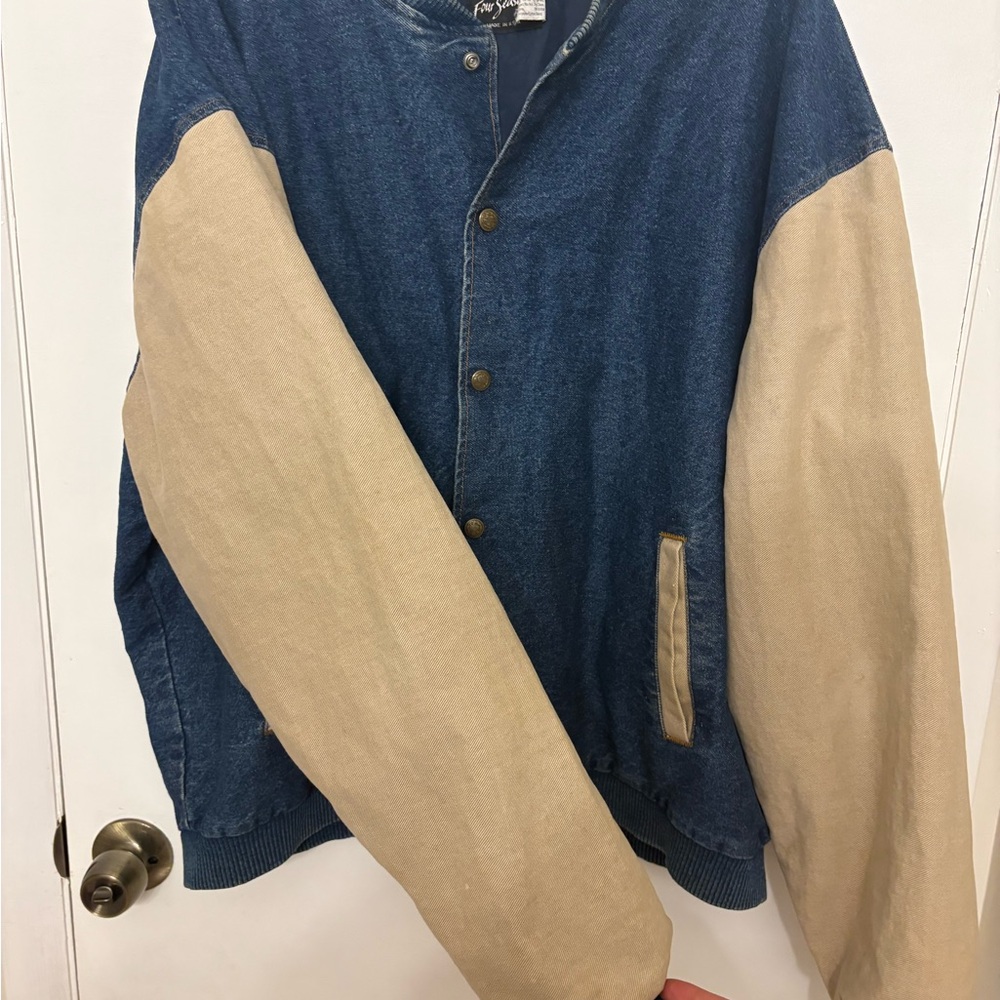 VTG 90s Four Seasons Apache Motorcycle Weatherford Texas Denim Varsity Jacket XL - Picture 5 of 9